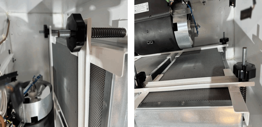 Vue rapprochée des écrous de fixation à dévisser pour retirer le filtre